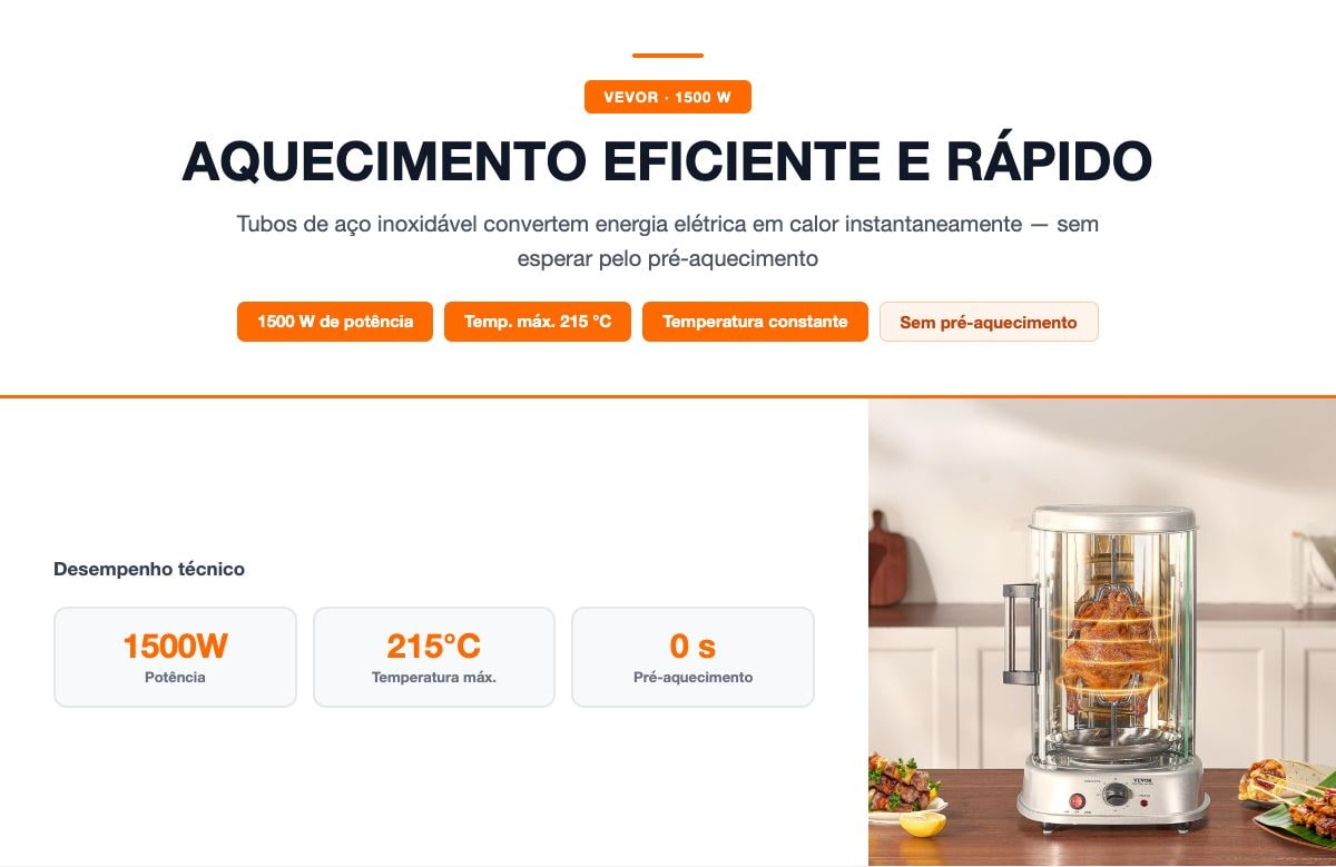 Tubos de aço inox — aquecimento eficiente e rápido a 215 °C