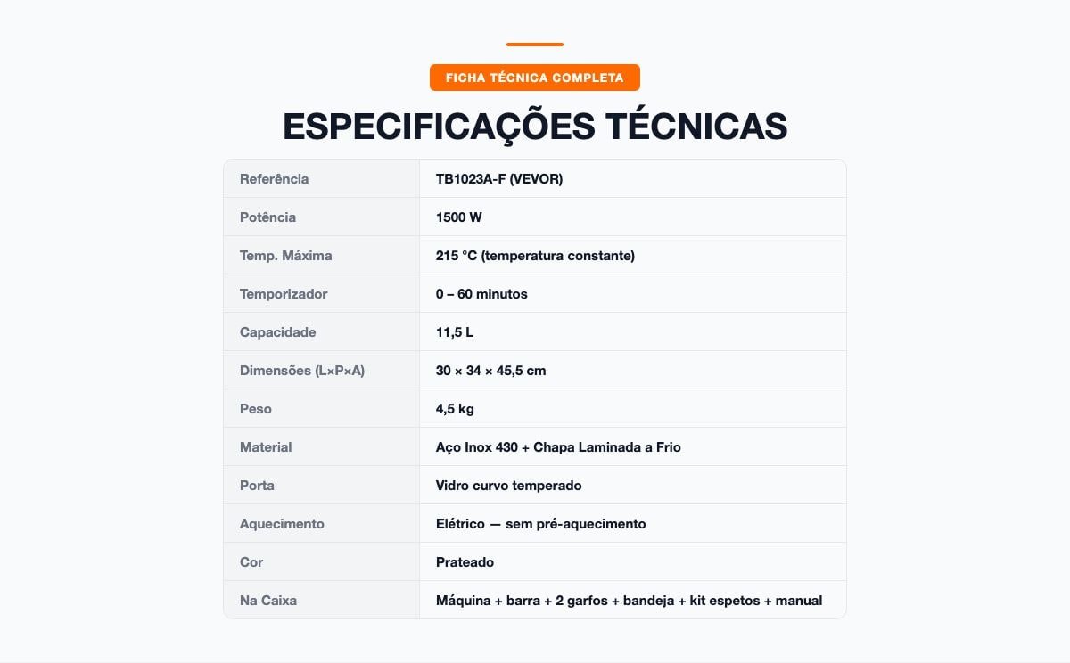Ficha técnica completa — dimensões e especificações