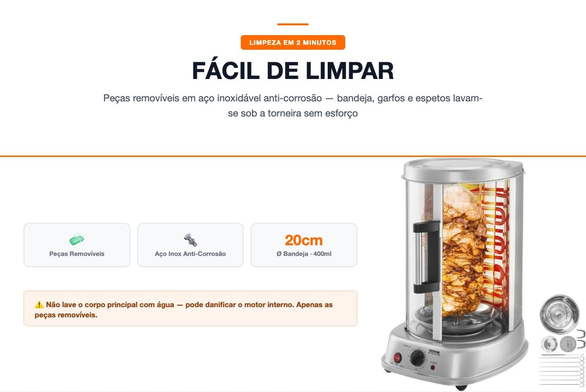 Peças removíveis e laváveis — limpeza em 2 minutos