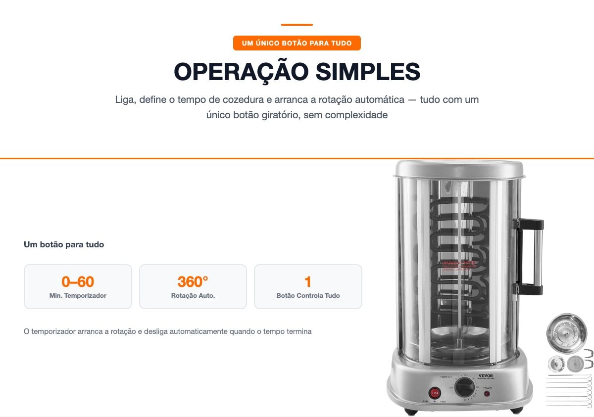 Operação simples: um único botão controla tempo, rotação e temperatura