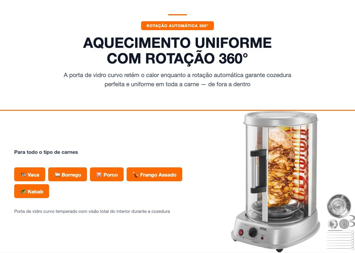 Rotação 360° com porta de vidro curvo — cozedura uniforme sem pontos frios