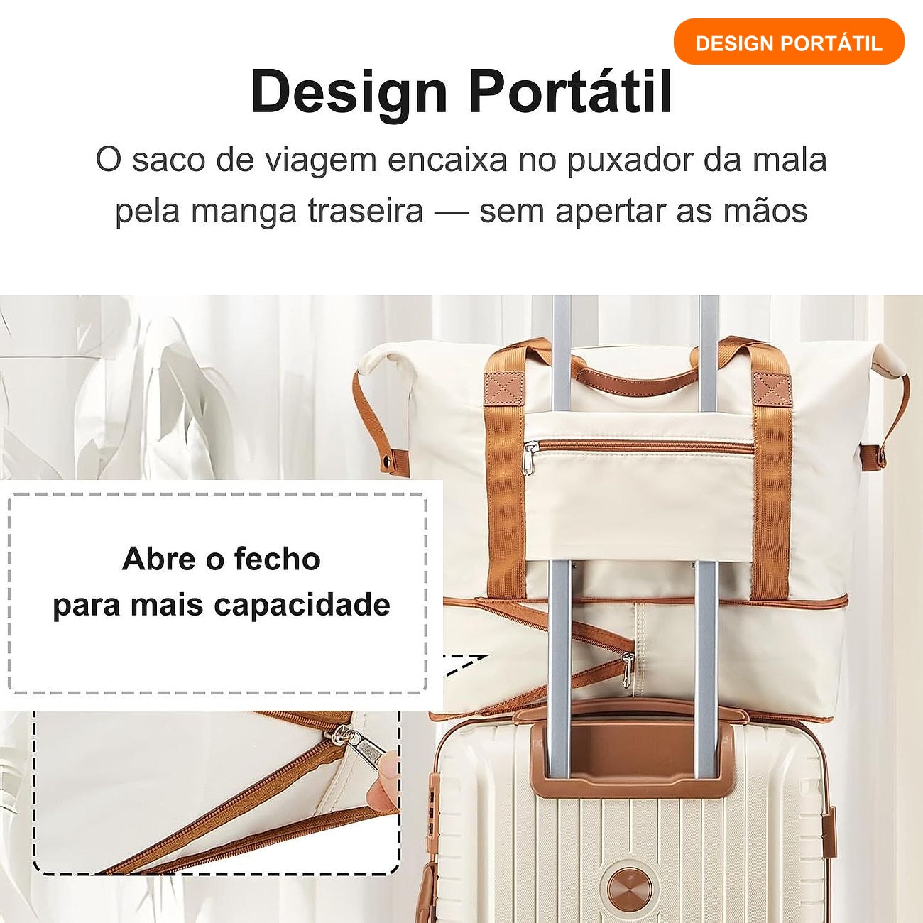 O saco de viagem encaixa no puxador da mala pela manga traseira — design portátil.