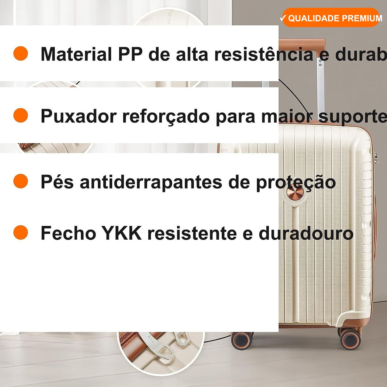 Qualidade em cada detalhe: material PP, puxador reforçado, pés antiderrapantes e fecho YKK.